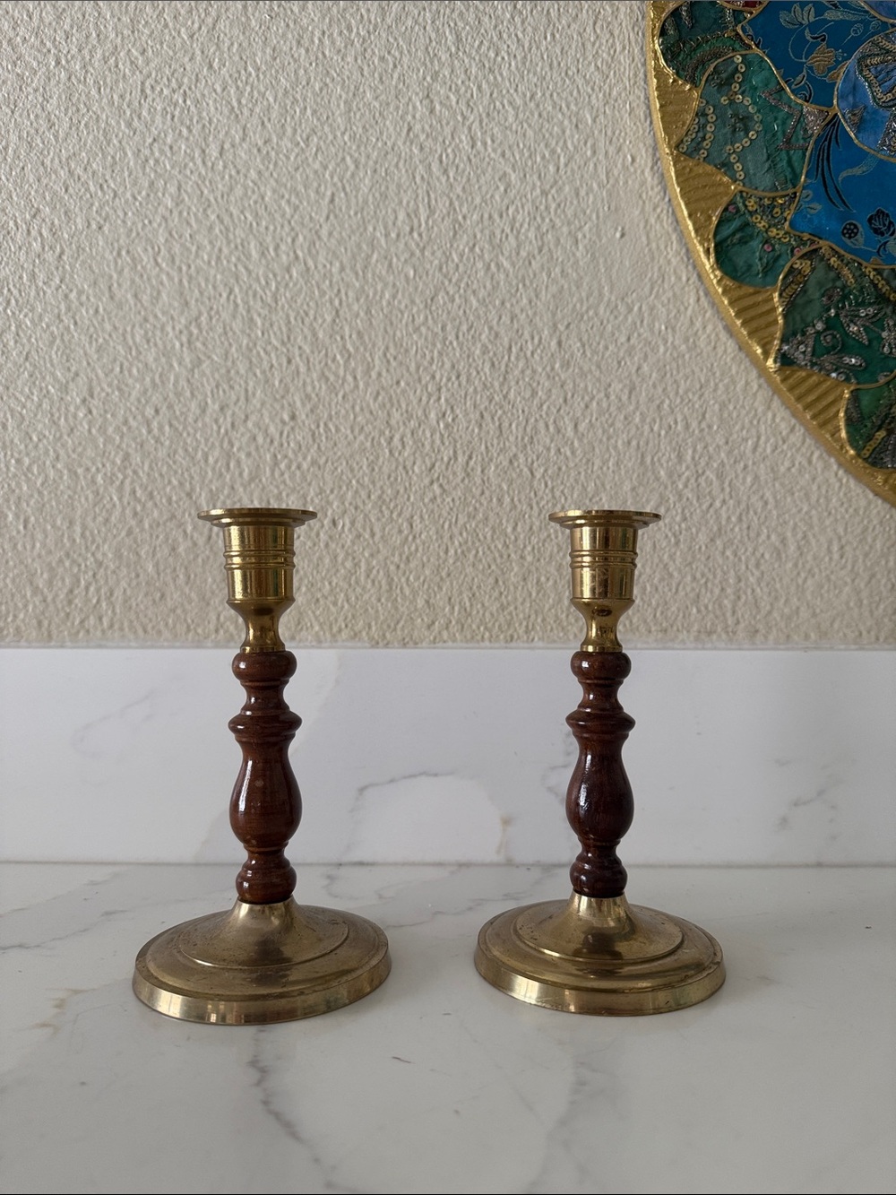 Vintage Brass and Wood Taper Candle Holders
